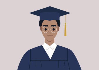 A graduation ceremony, a portrait of a male student wearing a gown and a cap - obrazy, fototapety, plakaty