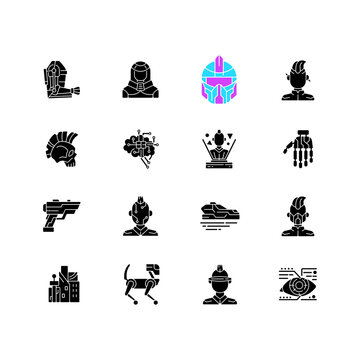 Cyberpunk black glyph icons set on white space. Science fiction. Futuristic technology. Body augmentation. Cyber punk city, person. Silhouette symbols. Vector isolated illustration