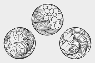 Set of three vegetarian, vegan illustrations in a circle with thin lines. Summer fruits and berries. Healthy eating. Aesthetic monochrome background with strawberries, blueberries, chocolate.