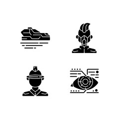 Sci fi and cyberpunk black glyph icons set on white space. Flying car. Mask, glasses. Lens microcircuit. Cyberpunk movie, game. Futuristic technology. Silhouette symbols. Vector isolated illustration