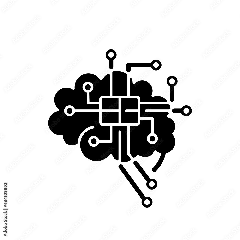 Poster brain microcircuit black glyph icon. innovative technology. machine learning. artificial intelligenc