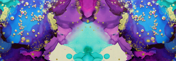 art photography of abstract fluid art painting with alcohol ink blue, purple, green, gold colors and crystal rhinestones