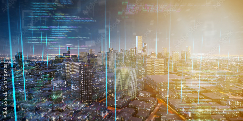 Poster smart city with network and communication connection - 3d rendering