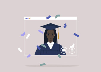 An online graduation ceremony, a portrait of a female Black student wearing a gown and a cap