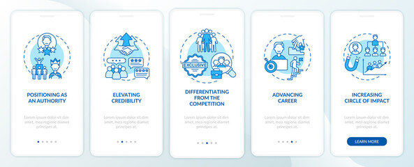 Personal brand tasks blue onboarding mobile app page screen with concepts. Identity goals walkthrough 5 steps graphic instructions. UI, UX, GUI vector template with linear color illustrations