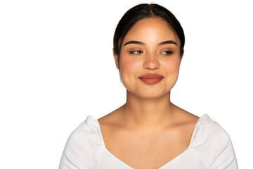 a young smiling woman without makeup looks away