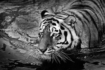 Tiger black and white photo floats on water close-up portrait, eyes, symbol of water sports