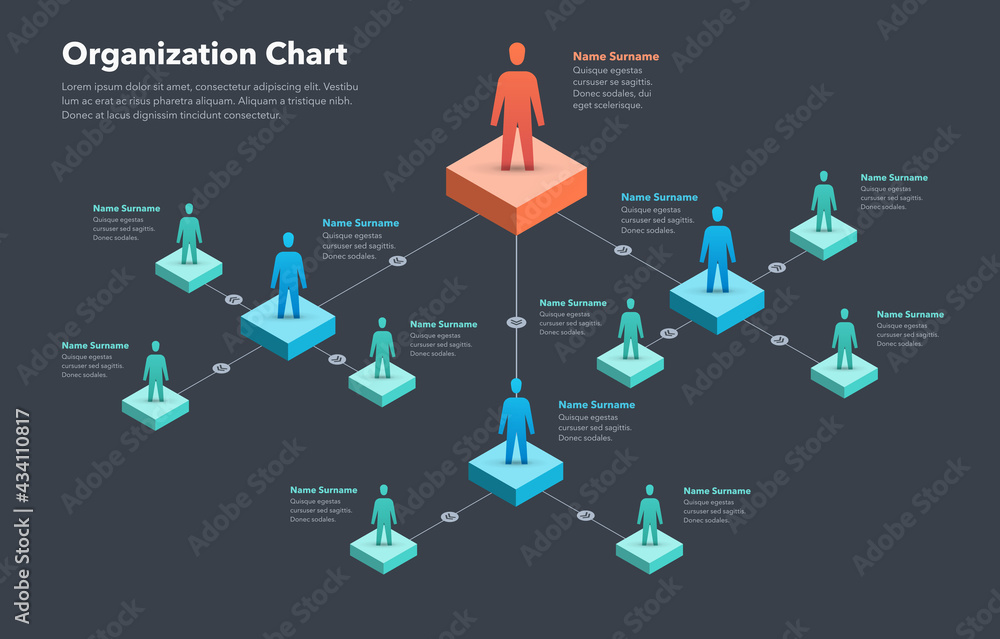 Poster Company organization chart template with place for your content - dark version. Easy to use for your website or presentation.