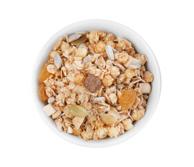 Granola in bowl on white background, top view. Healthy snack