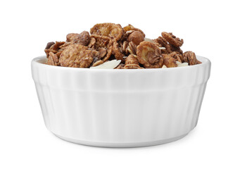 Granola in bowl on white background. Healthy snack