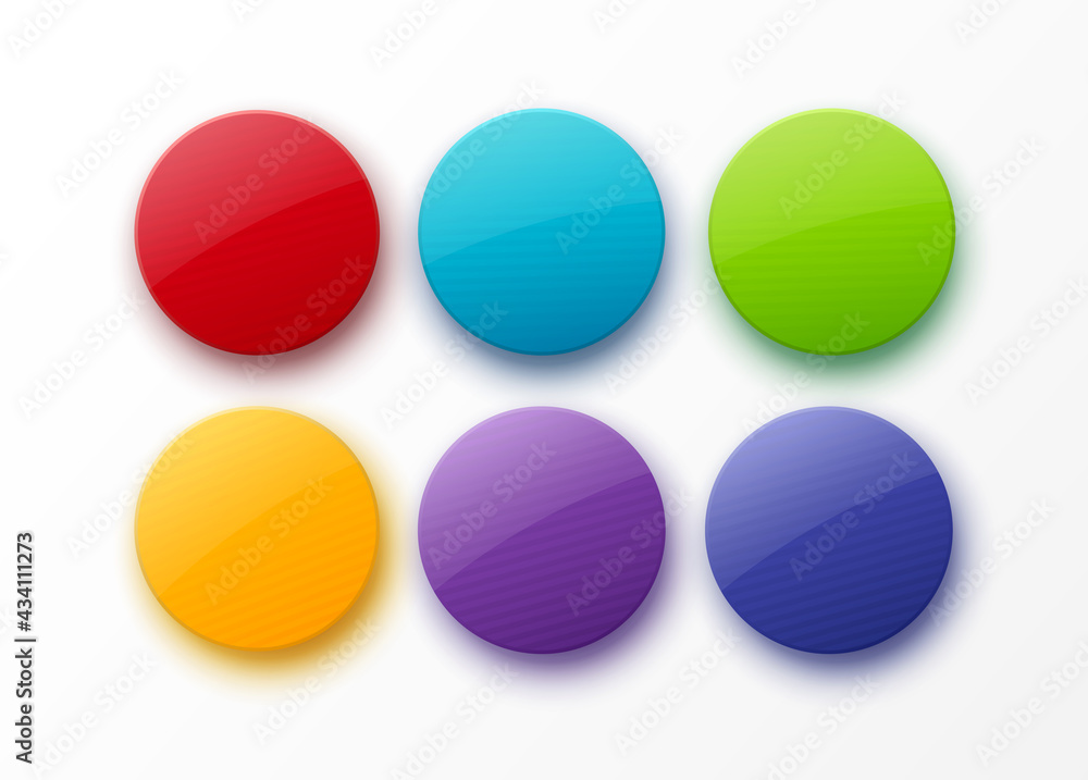 Poster set of colorful round glossy badges isolated on white background. 3d circle blank shapes. vector ill