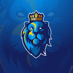 Lion mascot logo design with modern illustration concept style for badge, emblem and t-shirt printing. Lion King wear a crown for sport, gaming and team