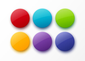 Set of Colorful Round Glossy Badges Isolated on White Background. 3d Circle Blank Shapes. Vector illustration
