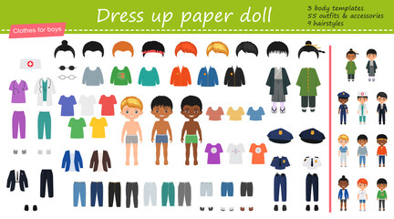 Dress up paper doll. Big set of professional, national and casual clothes for boys. Cartoon flat style