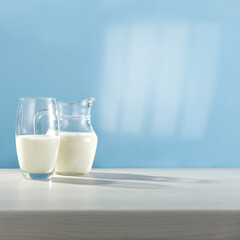Fresh milk on desk and blue background 