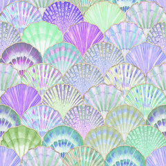 Naklejka premium Watercolor sea shell seamless pattern. Hand drawn seashells texture vintage ocean background