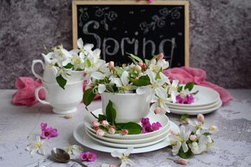 Spring still life on a gray background. White flowers of an apple tree in cups on the background of the inscription spring