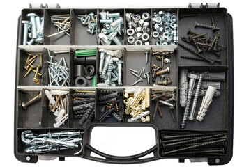  Tool box of screws, anchors, nails, bolts. tool set of dowels, tool kit. Set metal work repair in box isolated on white. Plastic case with hardware items, closeup.