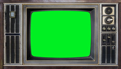 Close up of old retro TV with blank green screen for a designer, stylish mockup