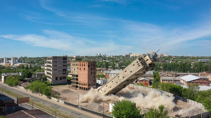 Kharkiv, Ukraine: falling tower of old grain elevator building after undermining