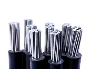 Close-up, Aluminum electrical power cable isolated on white