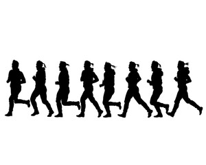 Young athletes run a marathon. Isolated silhouettes on white background