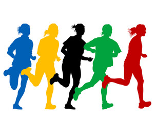 Young athletes run a marathon. Isolated silhouettes on white background