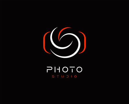 Camera Abstract vector logo template, minimal design logotype concept for digital art studio, photo studio, photographer and photo editor app, isolated on black background