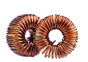 Close-up of inductor Copper coils isolated on white background