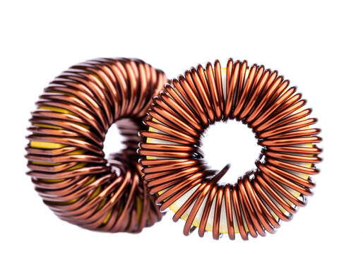 Close-up of inductor Copper coils isolated on white background