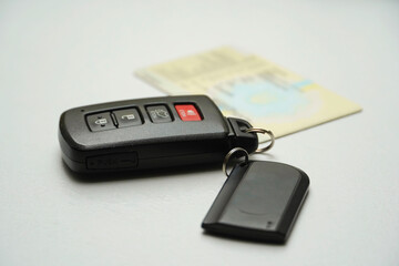 Car key with remote control and alarm system key ring. Motor transport insurance.