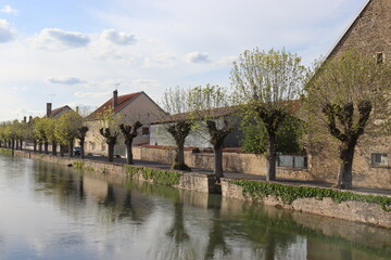 Fototapeta na wymiar Ansicht von Orges in der Champagne mit seinem Fluss La Dhuy, Department Haute-Marne, Frankreich