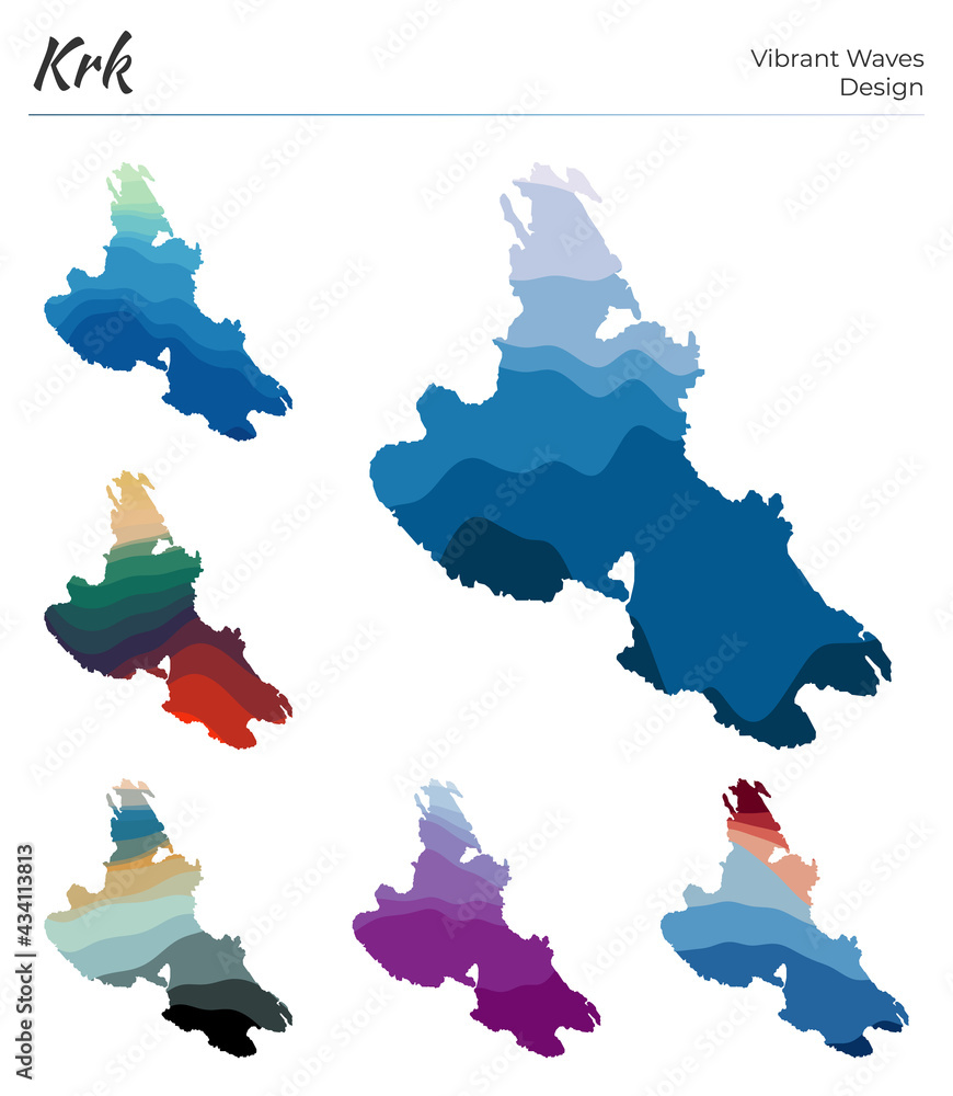 Poster Set of vector maps of Krk. Vibrant waves design. Bright map of the island in geometric smooth curves style. Multicolored Krk map for your design. Powerful vector illustration.