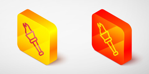 Isometric line Torch flame icon isolated on grey background. Symbol fire hot, flame power, flaming and heat. Yellow and orange square button. Vector