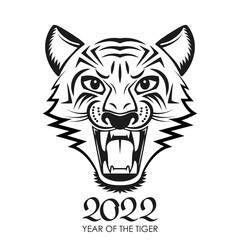 Angry tiger face with open mouth. 2022 tiger face geometric symbol. Chinese New Year concept for the signs of the zodiac.