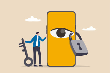 Data privacy for internet user, protect application to track or follow user behavior concept, man holding key after lock the spy eye on smartphone to stop watching private information. - obrazy, fototapety, plakaty