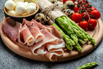 Fresh prosciutto with mozzarella cheese and cherry tomatoes. Italian, Food recipe background. Close up