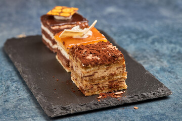 Tray with tasting of various chocolate cakes.