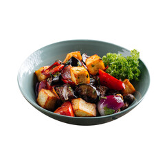 Isolated bowl of roasted tofu salad with eggplant and red onion