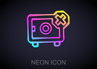 Glowing neon line Safe icon isolated on black background. The door safe a bank vault with a combination lock. Reliable Data Protection. Vector
