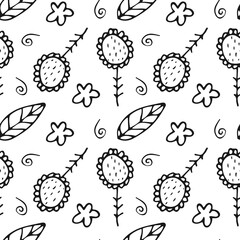
Seamless pattern in doodle style, hand drawn vector illustration with floral and abstract elements on white background.