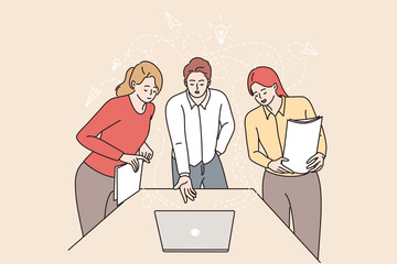 Brainstorm, Teamwork, business concept. Female and male young business partners workers colleagues standing at laptop discussing business ideas with documents in office together vector illustration 