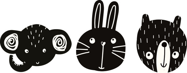 vector cute baby illustration with animal muzzles, scandinavian style