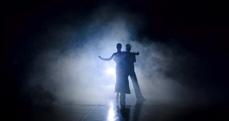 The silhouettes of a couple dancing rumba in the smoke. A spotlight is on behind them. The man holds the woman by the hand and twists towards him, then supports her by the shoulders and makes the sway
