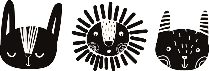 vector cute baby illustration with animal muzzles, scandinavian style