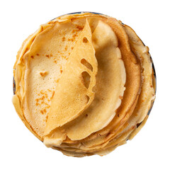 Stack of homemade crepes or thin pancakes isolated on white. Top view.