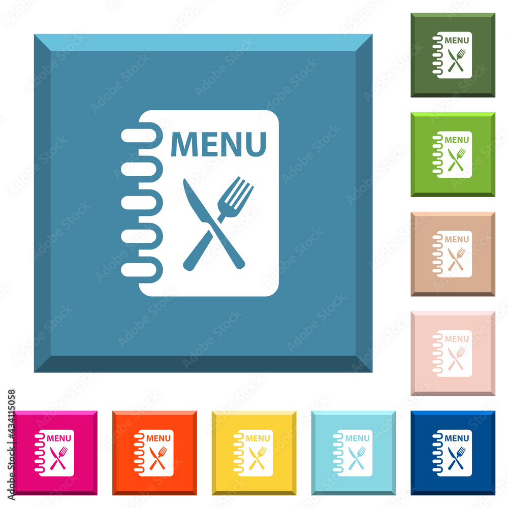 Aufkleber menu with fork and knife white icons on edged square buttons