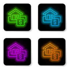 Glowing neon line Hanging sign with text Sale icon isolated on white background. Signboard with text Sale. Black square button. Vector