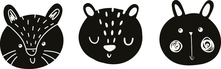 vector cute baby illustration with animal muzzles, scandinavian style