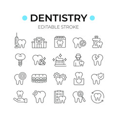 Dentistry linear icons set. Dental services and therapy. Thin line customizable illustration. Vector isolated outline drawing. Editable stroke